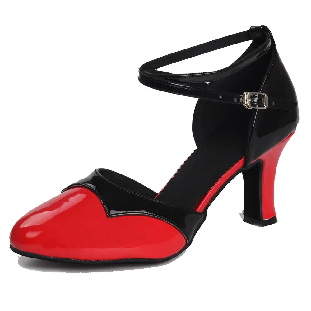 Элегантные женские Современные бальные туфли для латинских танцев; обувь для девочек; Samba Tango; вечерние сандалии на квадратном каблуке 5 см - Цвет: 7cm heels Black Red