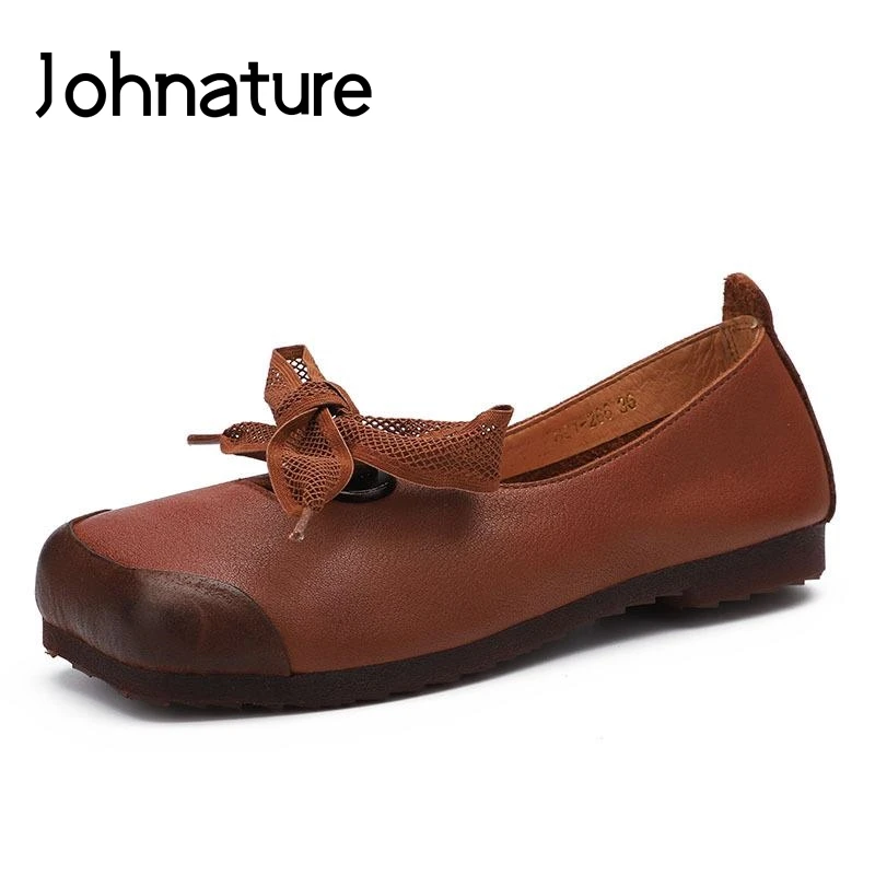 

Johnature 2019 New Summer Retro Square Toe Comfortable Casual Genuine Leather Shoes Women Riband Lace-up Pumps