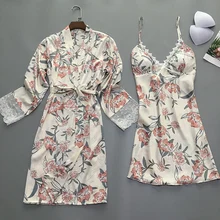 Женский пикантный Шелковый Атласный вечерний комплект с платьем, 2 предмета, кружевное ночное белье, Цветочная домашняя одежда для женщин