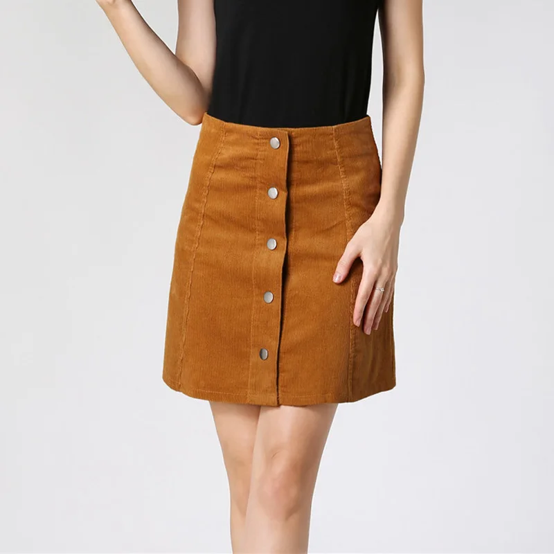Autumn New Vintage Plus Size Corduroy Skirt Women High Waist Single breasted Sexy A Line Mini