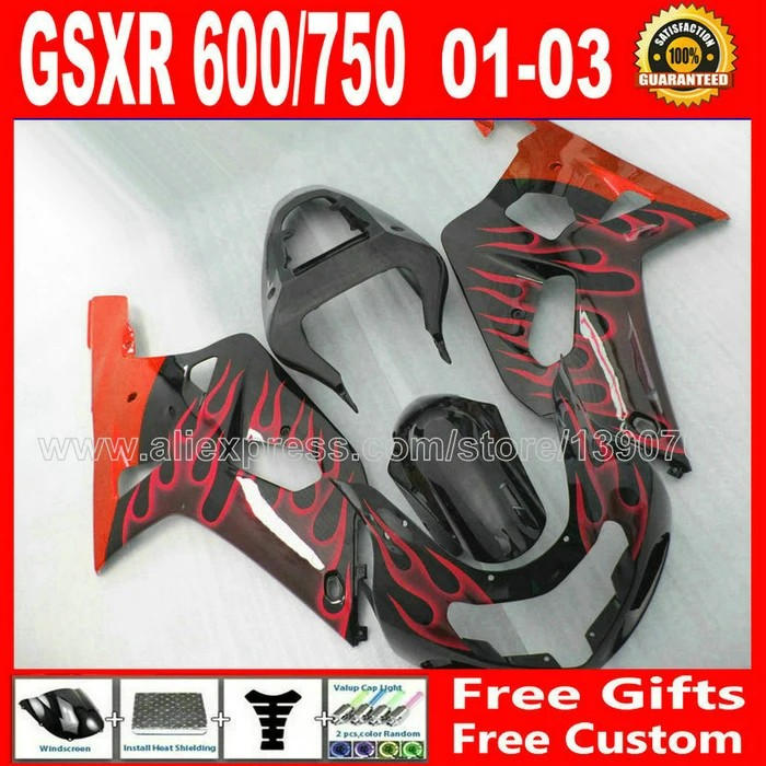 

hot sale fairing kit for 2001- 2003 black red flames SUZUKI 7 gift GSXR 600 750 K1 #TBK GSX R600 R750 01 02 03