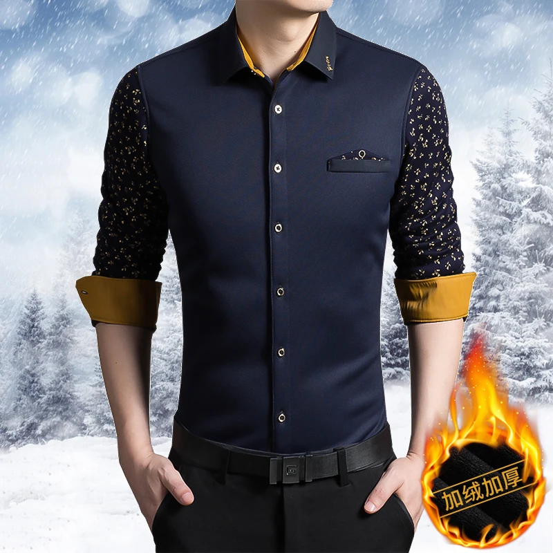 Autumn Winter New British Fashion Korean Male Plush Warm Shirts Printed Busimess Casual Flower Sleeve Long Sleeve shirt
