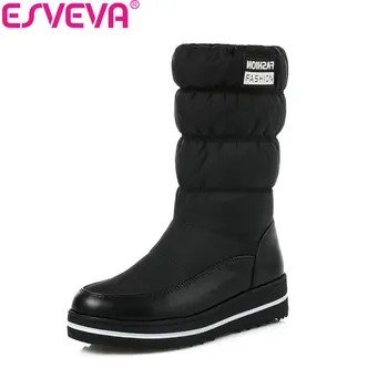 

ESVEVA 2018 Winter Boots Med Heel Comfortable Women Boots Short Plush Mid-calf Boots Down Cloth+Space Cotton+PU Boots Size 35-43