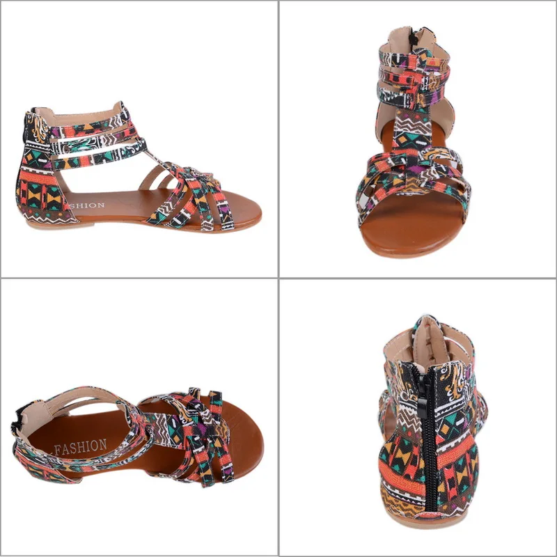 Популярные женские сандалии на плоской подошве в богемном стиле; модные сандалии с открытым носком и ремешком на щиколотке на молнии; пляжная морская обувь