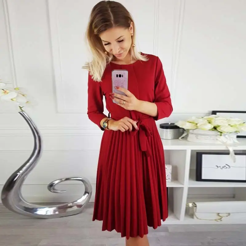 

2019 Spring Pleated Dress Women Sashes Regular Fashion O-neck Solid Three Quarter Natural Women Dresses Vestidos Robes Female