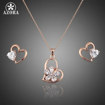 

AZORA Rose Gold Color Stellux Austrian Crystal Heart Stud Earrings and Necklace Jewelry Sets TG0014