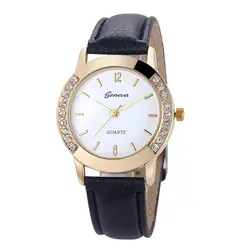 Мода 2019 Geneva алмаз для женщин Аналоговые кварцевые с кожанным ремешком наручные часы женские часы Роскошные хрустальные из нержавеющей