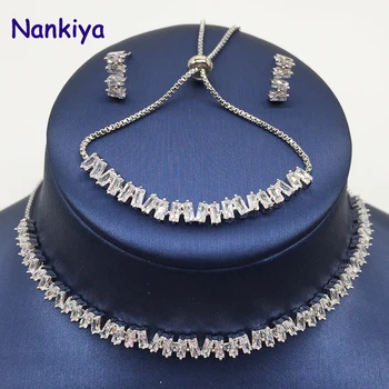 

Nankiya Simple Design T-square luxury Zircon Bridal 4pcs Jewelry Sets Necklace Earrings Ring Bracelet Wedding Set Party NC448