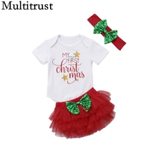 Бренд Multitrust, для маленьких девочек, первый Рождественский комбинезон Санты, платье-пачка, шорты, наряд нарядный красный Рождественский комплект с оборками, летний костюм