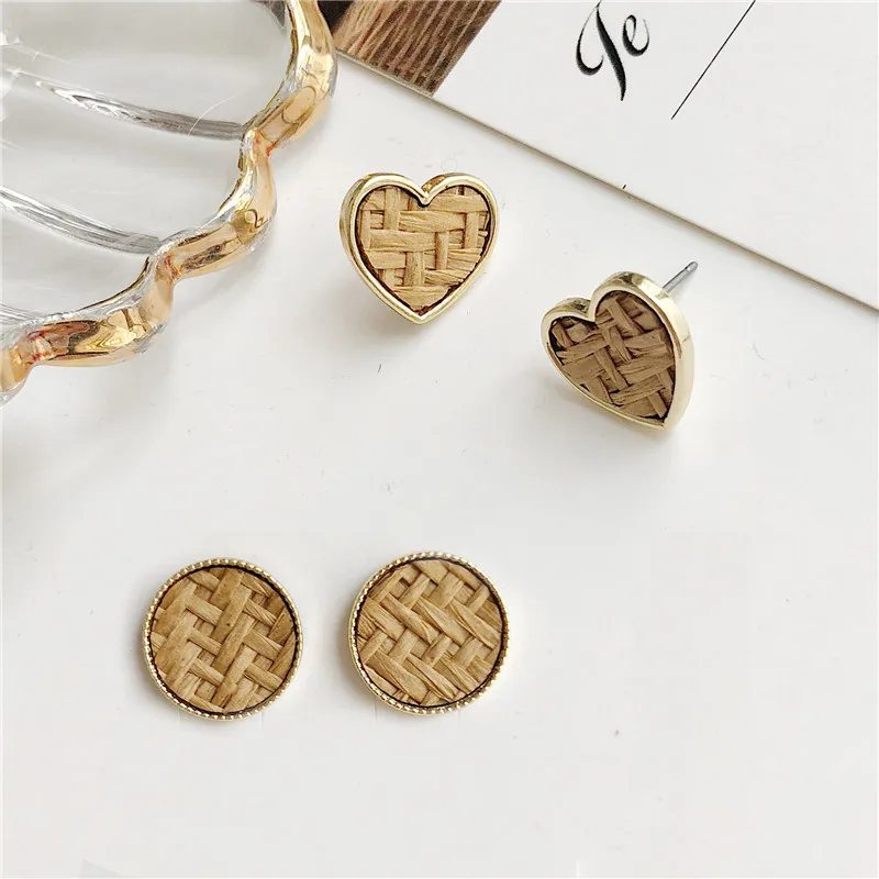 

Trendy Rattan Vine Braid Round Heart Geometric Stud Earrings For Women Girl Handmade Weave Wooden Straw Ear Jewelry Gifts