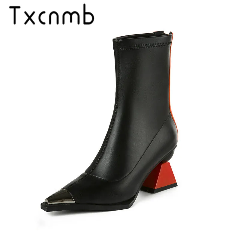 

TXCNMB Women Ankle Boots High Quality Genuine Leather Short Plush Inside Booties Warm Shoes Woman Buckles Office Pumps