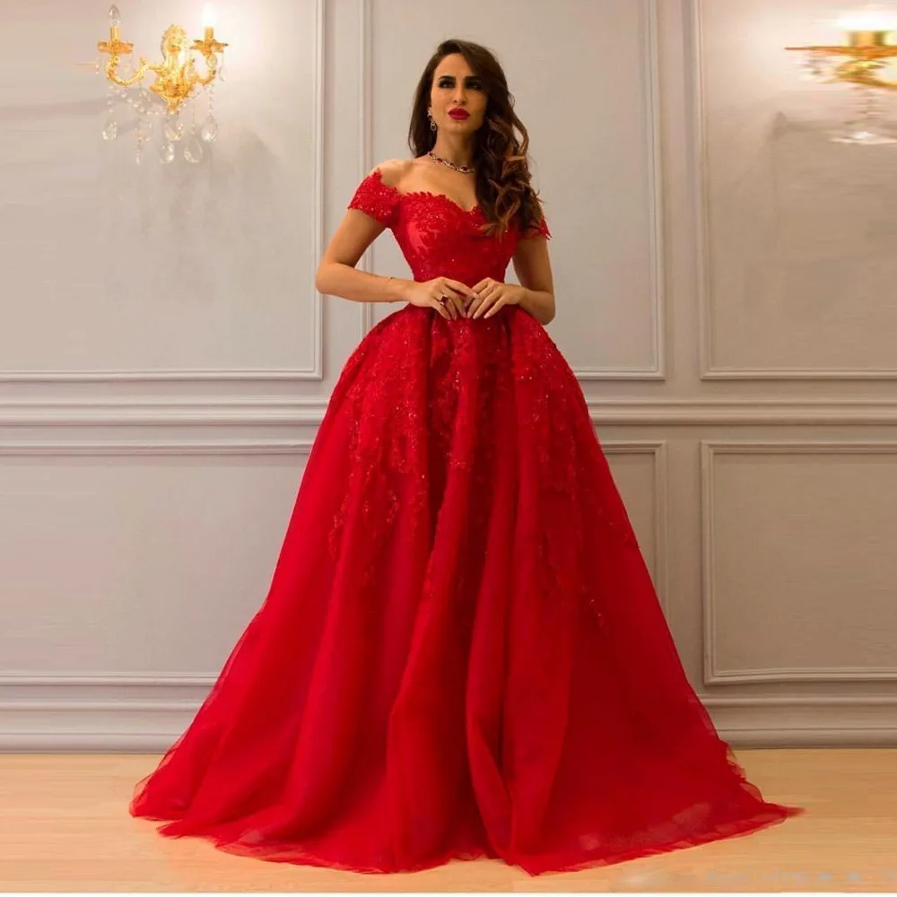 

Saudi Arabic Red Lace Tulle Evening Gown Appliques Elegant Long Tutu Prom Gowns Sweetheart Off The Shoulder Robe De Soiree