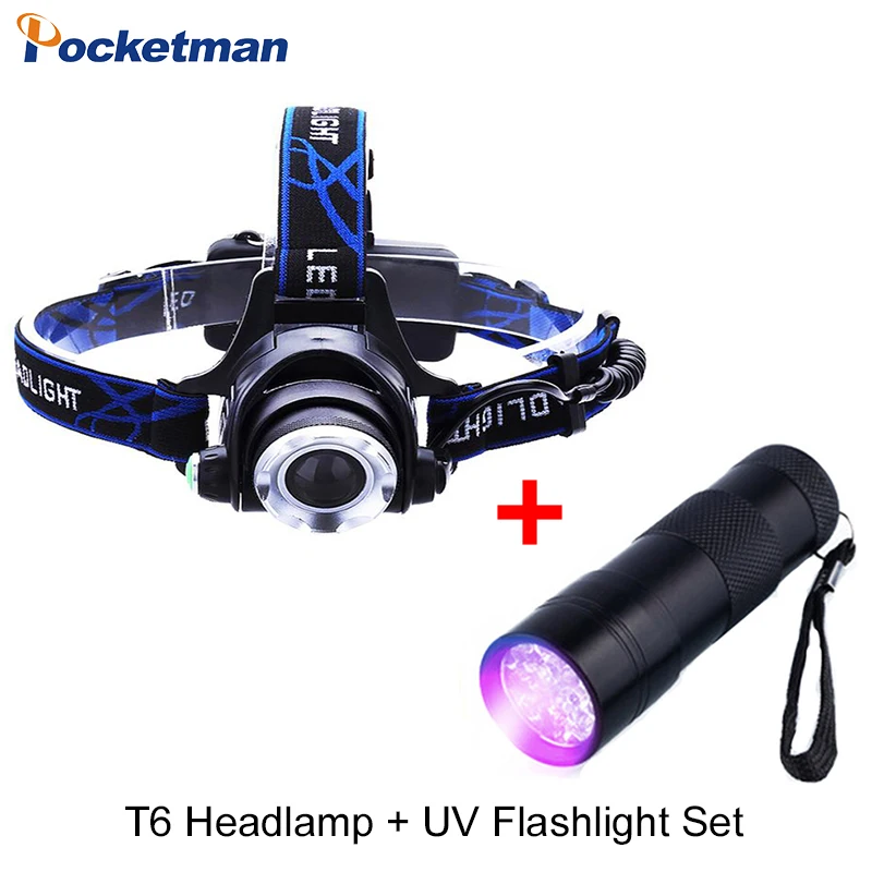 Goede T6 Led Koplamp Zoomable Waterdichte Hoofd Vissen Jacht Licht + UV Zaklamp Ultraviolet Onzichtbare Detectie Zaklamp