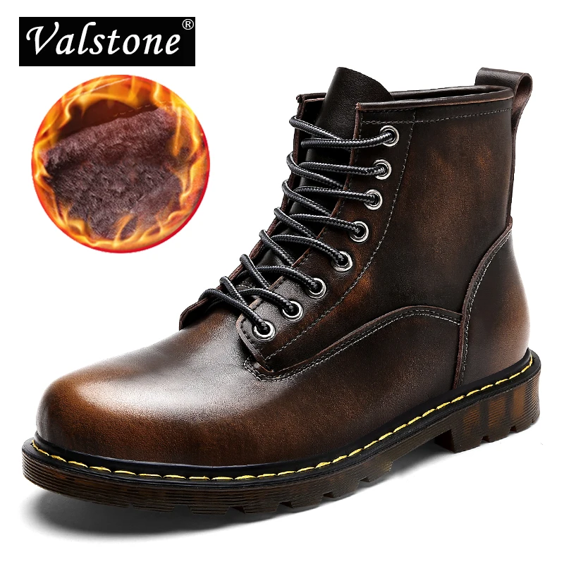 

Valstone Quality Leather Martin boots Men Winter 2018 fashion high top Cargo shoes warm vintage Stylish sneakers Plus sizes 47