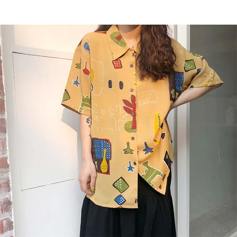 

HziriP Summer 2019 Baroque Loose Printed Short-sleeved Shirt All Match High Quality Elegant Large Size Basic Yellow Shirts