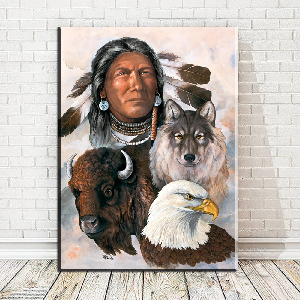 1pc Native American Indian Girl with Eagle Fox Printed Canvas Painting