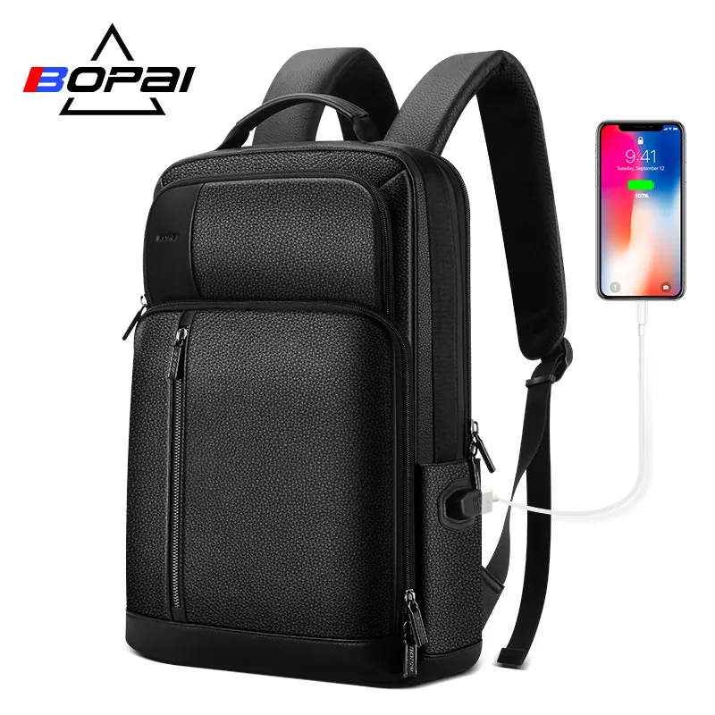 BOPAI Genuine Leather Backpack Men Back Pack Bags Top Layer Cow Leather Laptop Backpack 15.6 Inch S