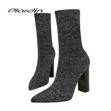 Plardin/Новые эластичные вязаные женские короткие ботинки модные зимние ботинки до середины икры на квадратном каблуке женские ботинки с острым носком на высоком каблуке