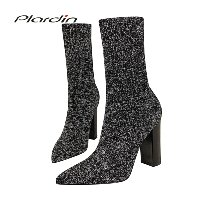 

Plardin New Stretch Knitting Women Short Boot square heel Fashion Bling Mid-calf Winter Boots Pointed High Heels Woman Boots