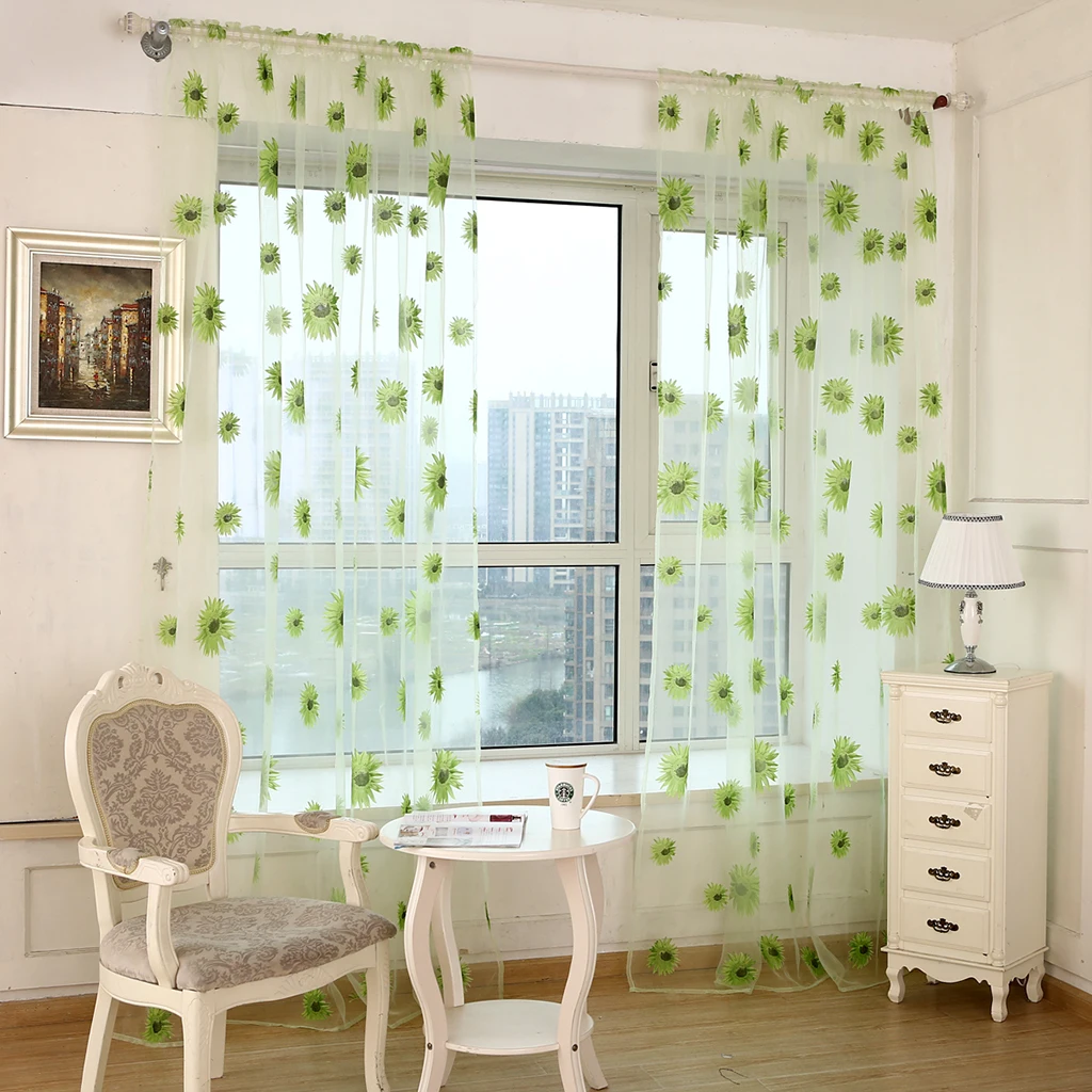 Sunflower Sheer Voile Window Curtains Semi Tulle Drape Panel for Kitchen Bedroom Living Room(Slot Top Design, 2x1 Meter)