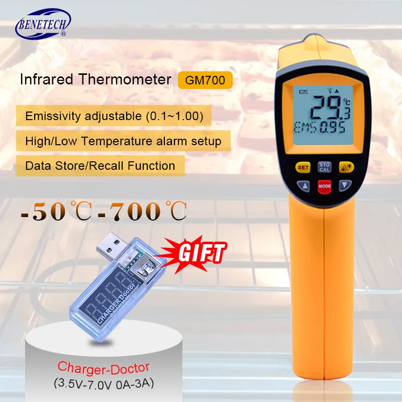 Цифровой лазерный термометр измеритель температуры ИК Бесконтактный инфракрасный термометр пистолет-50~ 950C+ перезаряжаемый аккумулятор подарок - Цвет: GM700-50-750C