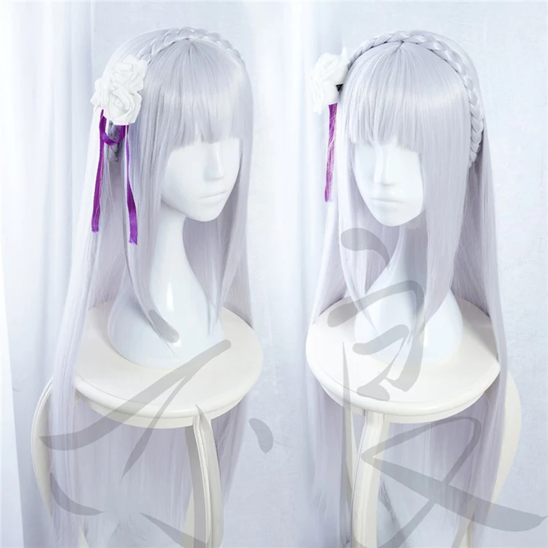 

100cm Long Silver Purple Re: Life in a Different World from Zero Emilia Heat Resistant Hair Cosplay Costume Wig + Free Wig Cap