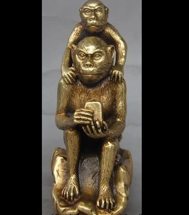 

671115626+++6"China Fengshui Brass Auspicious Zodiac 2 Lovely Monkey Hold Seal stamp Statue