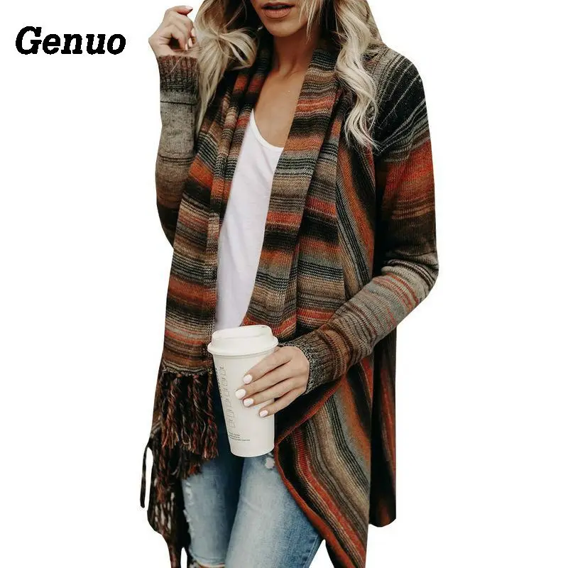 

Genuo Shawl Autumn Winter Women Tassel Knitted Sweater Poncho Casual Stripe Irregular Loose Cardigan Cape Coat Tops Jumper Femme