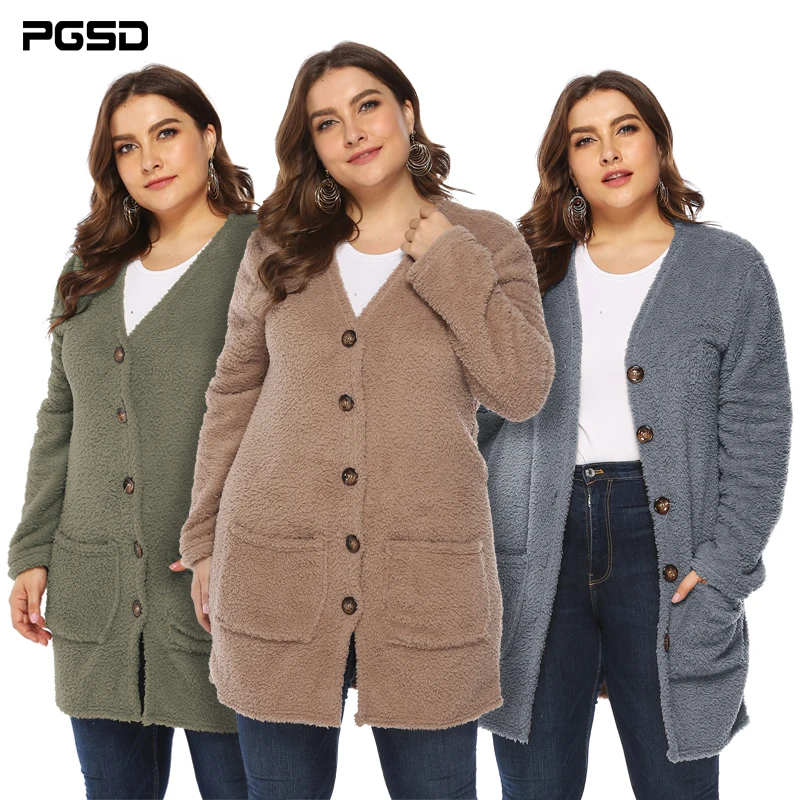 PGSD зимняя однотонная простая повседневная женская одежда большого размера Двусторонняя бархатная с большим карманом плюшевый вязаный свитер на пуговицах теплый кардиган
