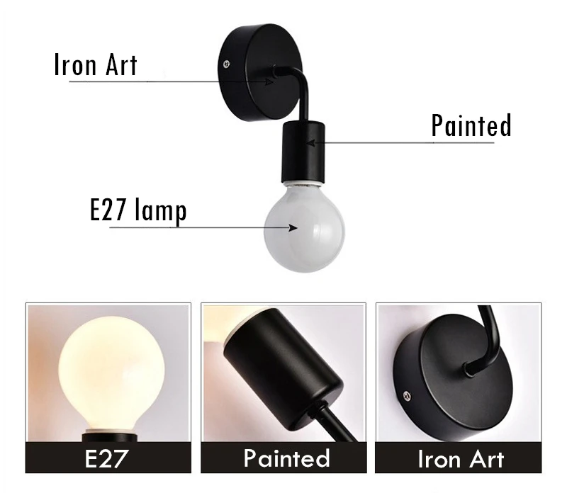 Luminária de Parede Moderna de Ferro Iluminação para Escada Estilo Nórdico Simples Elegante Cabeceira Quarto Cozinha Casa Ambientes Internos E27 4 Luminárias de parede