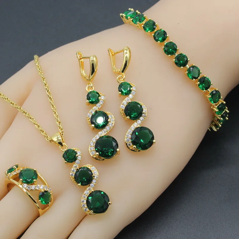 

Round Green CZ Gold Color Copper Alloy Bridal Jewelry Sets For Women Wedding Pendant Ring Long Dangle Earrings Bracelet Free Box