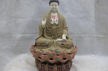 

21 Pottery WuCai porcelain Tathagata Sakyamuni Amitabha Buddha Sit on Lotus Base