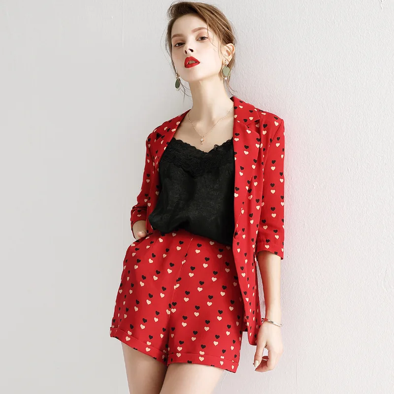 

Red Love Polka Dot Heavy Silk Blazer Suit Shorts Set Two Piece Set Top and Pants Sexy Two Piece Matching Sets for Women Outfits