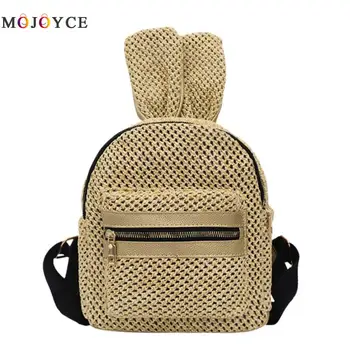 

Fashion Rabbit Ear Women Backpack Small Summer Beach Straw Woven Knapsack Fashion Backpack