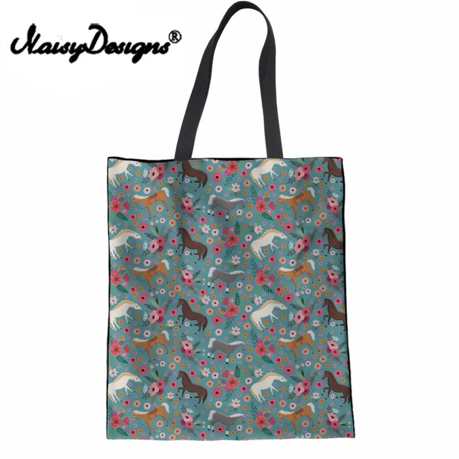 Funny-Horse-Flower-Clydesdale-Print-Women-Linen-Tote-Bags-Fashion-Ladies-Travel-Top-handle-Bags
