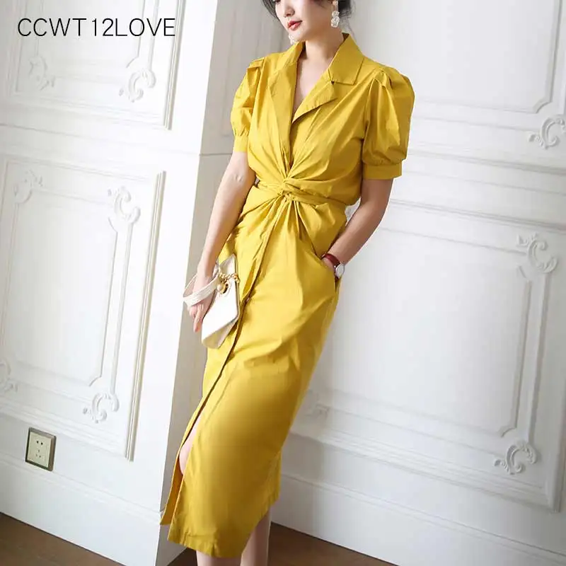 Yellow Винтажные Длинные платья-рубашки французский стиль короткий рукав, разрез элегантное платье Летнее Длинное однобортное платье миди с высокой талией - Цвет: Yellow