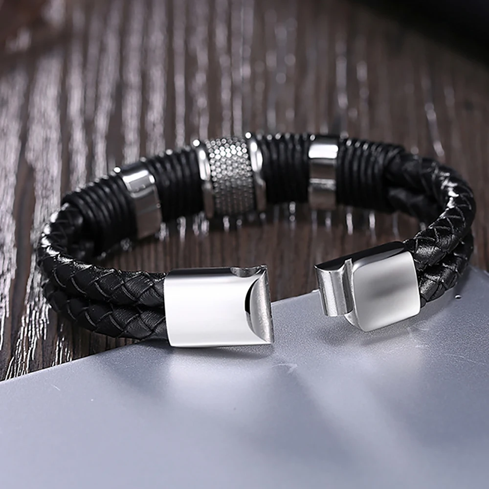 Casual Black Rope Chain Men Bracelets Simple Leather Knot Stainless Steel Buckle Bangle Male Wrist Chain Gift for Boy friend (7)