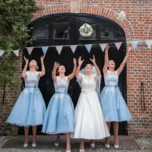 Sheer Scoop Sleeveless Baby Blue Short Bridesmaid Dresses 2017 Tea Length White Lace Wedding Party Gowns with Satin Sash BN134