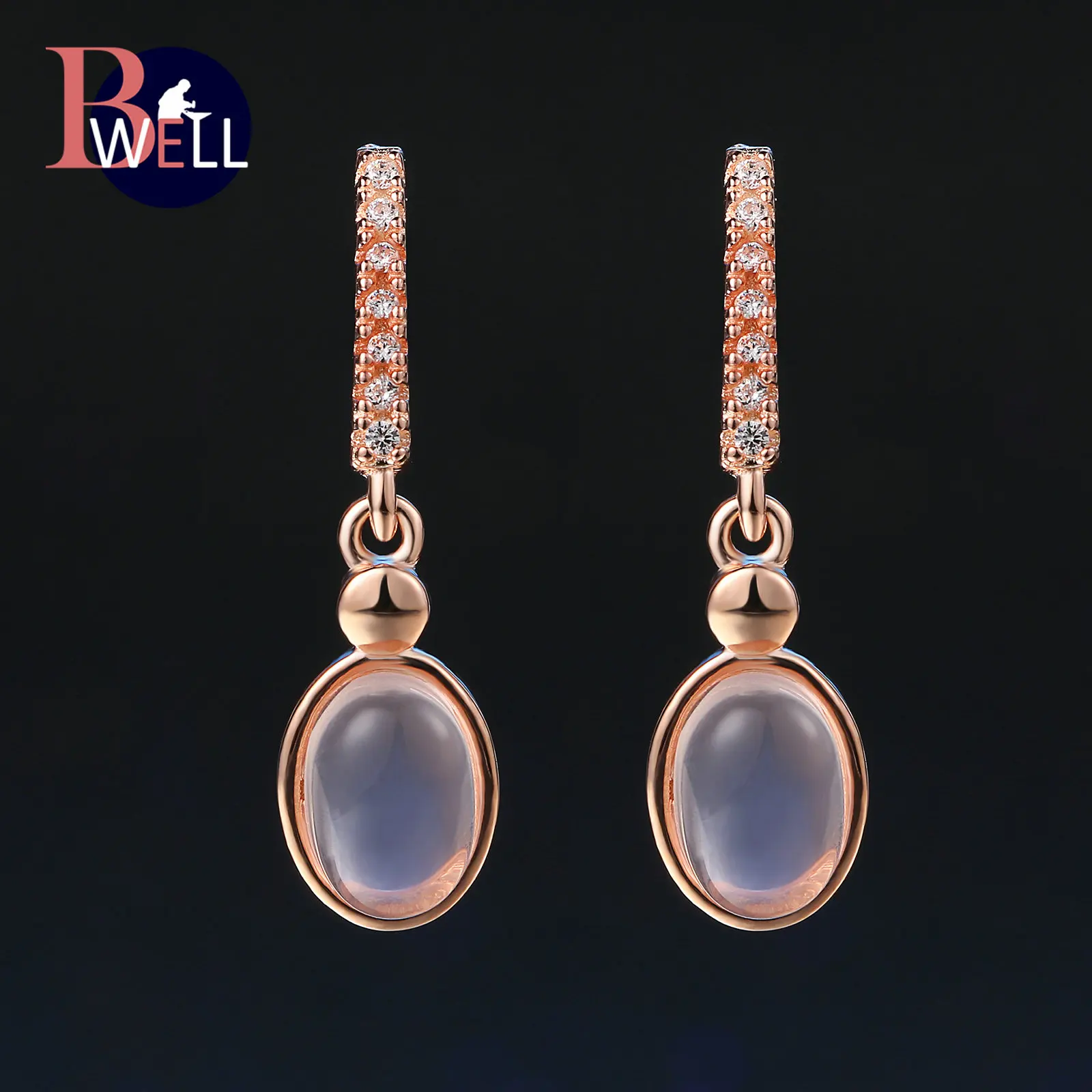 

Bwell Natrual Gemstone Oval Rose Quartz Drop/Dangle Earrings 925 Sterling Silver Rose Gold Plated Fine Jewelry For Party BWEI006