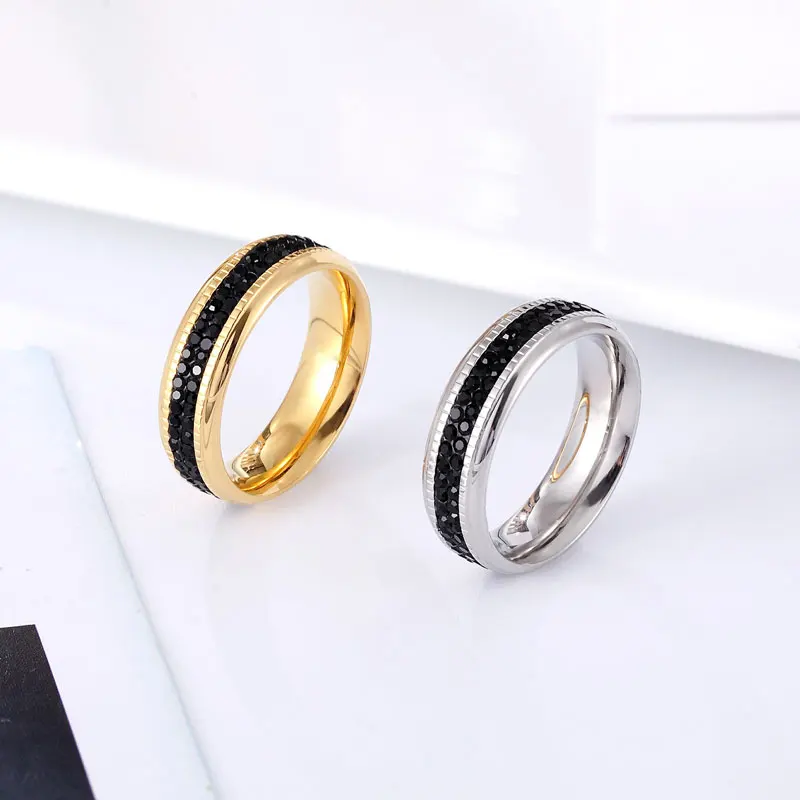 Gold Color Rings Stainless Steel Ring Finger Ring Gold Color Ring Zircon Crystal Ring Middle Double Circle Black Zircon Ring Stainless Steel Love Brand Gold Color Jewelry Woman Ring
