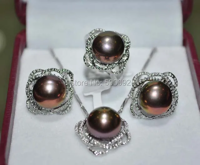 

Free shipping 11.5-12mm white pink purple black freshwater pearl necklace ring earring sets