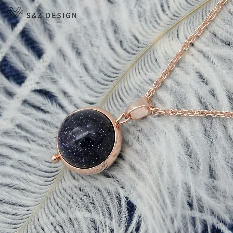 S&Z DESIGN New Natural Golden Sand Stone Pendant Necklace For Women Fine 585 Rose Gold Color Fashion Wedding Party Gift