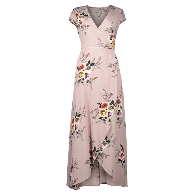 

Women Floral Print Beach Long Dress Ladies Summer V Neck Short Sleeve Maxi Dresses Bohemian Split Slim Wrap Dresses AA60851