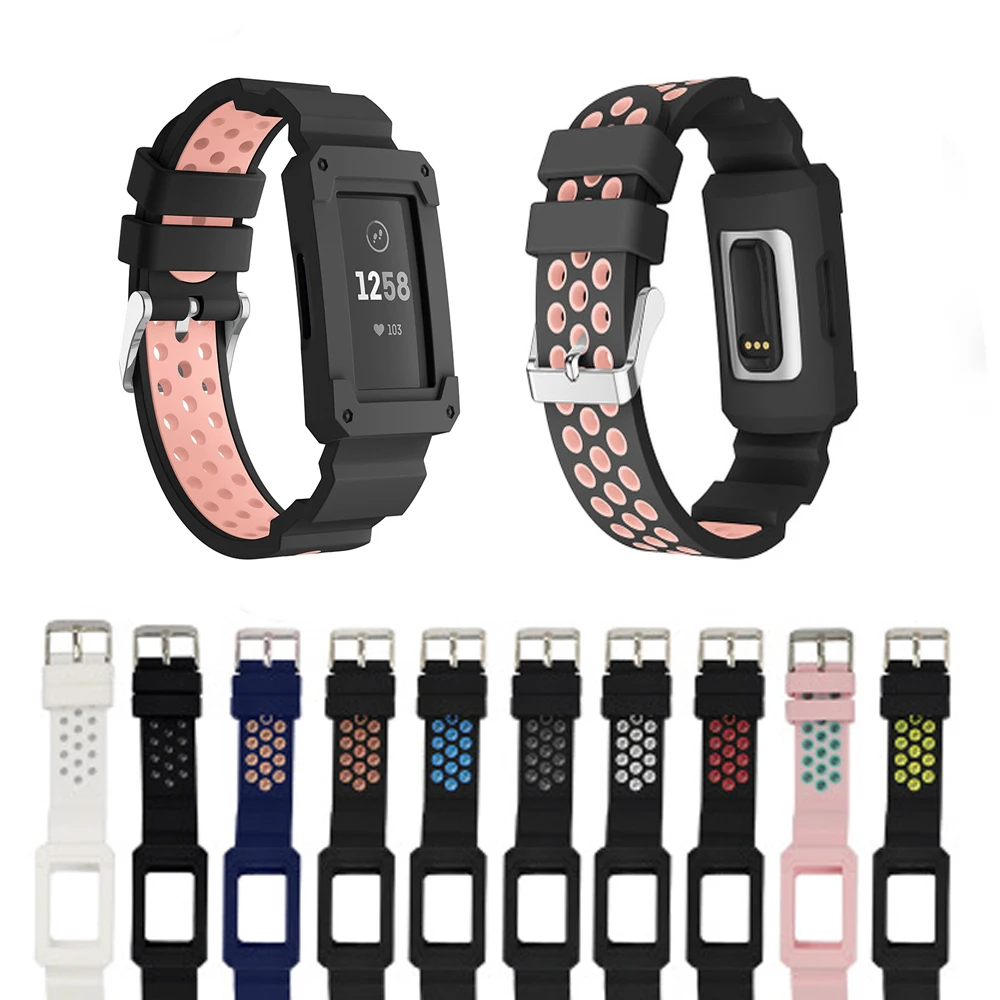 

Sport Silicone strap for fitbit charge3 band two-color nike silicone watch band with frame and protective shell case wristband