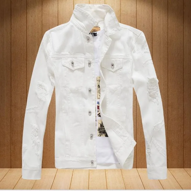LifeHe 2018 Men Solid Slim Fit Denim Jacket Jean Coat White