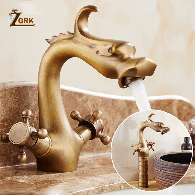  ZGRK Chinese Dragon Type Deck Mounted Cock Design Dual Handles Single Hole European Style Rural Whi