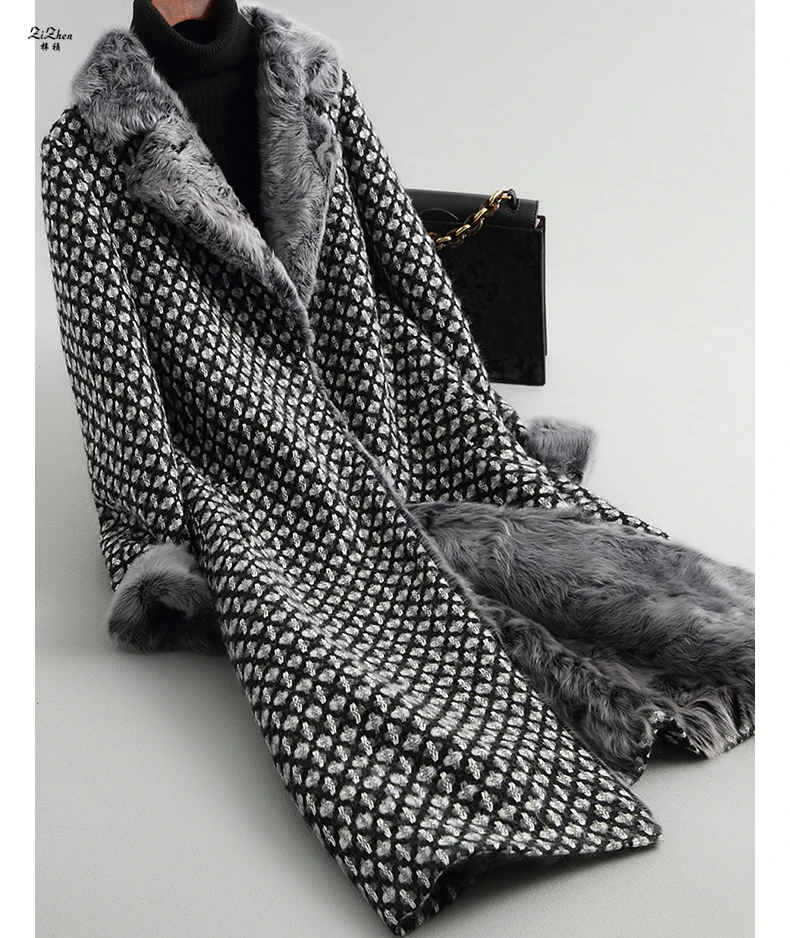 

ZiZhen Natural Wool Coat Real Lamb Fur Liner Cuff Overcoat Pockets Turn-down Collar Winter Women's Long Cashmere180709-1,18601