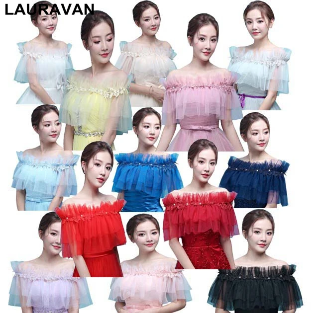 

Blue Colorful Bridal Wedding Evening Prom Party Jackets 2019 Bolero Bridal Shawl Wraps Shrug Summer Wedding Tulle Coat Cape