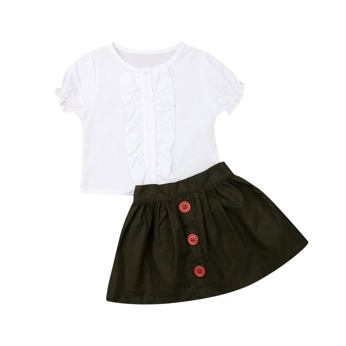

Toddler Kids Baby Girls Outfits Clothes T-shirt Short Sleeve Ruffle Tops Button Mini Skirt 2PCS Clothes Set 2019