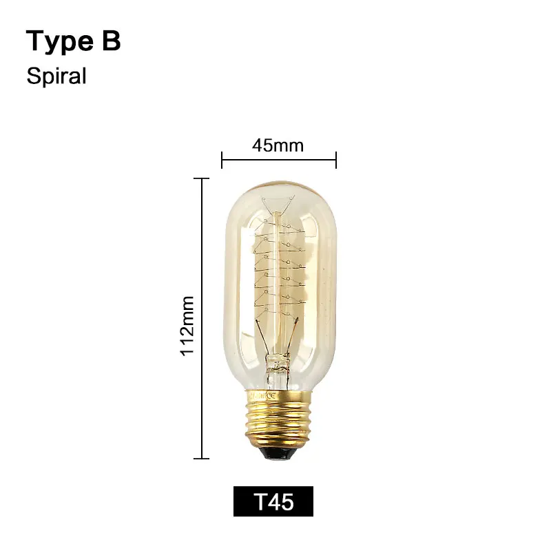 Ретро Винтаж Эдисон лампы Подвесная лампа-канделябр 220V нити E27 Эдисон лампы накаливания Светильник лампы античный Вольфрам лампа - Цвет: T45 Spiral